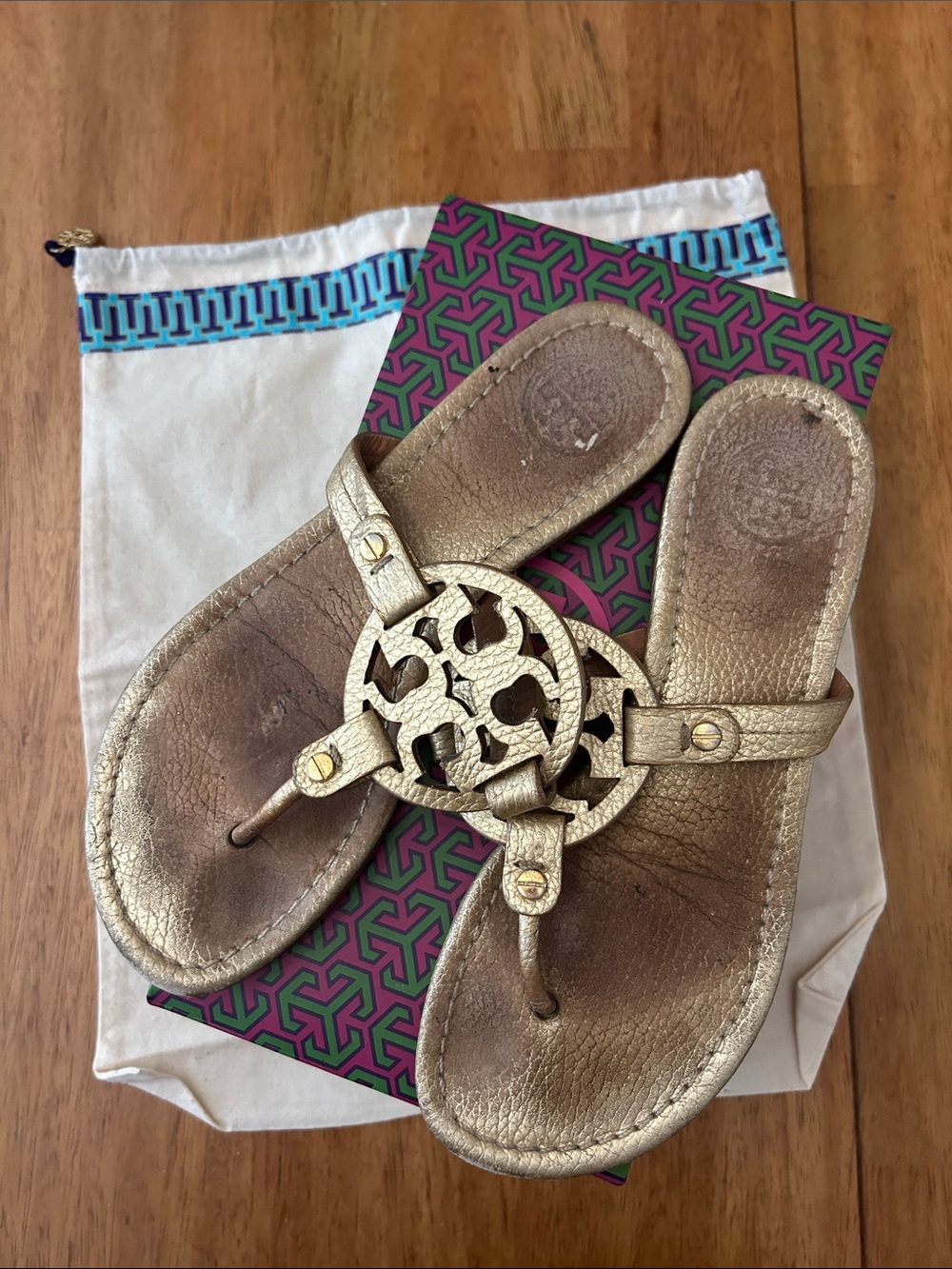 Tory Burch Metallic Gold Miller Logo Thong Sandals